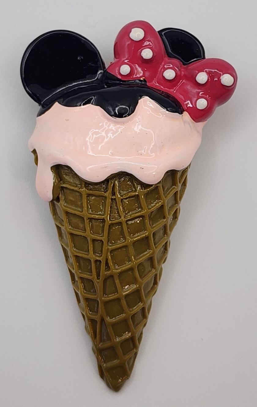 Mouse Pink Ice Cream Cone Brooch with Red & White Polka Dot Bow Acrylic Resin